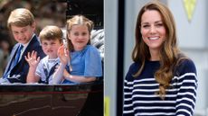 Composite of Prince George, Charlotte and Louis in a carriage in 2022 and Kate Middleton in Plymouth in 2022