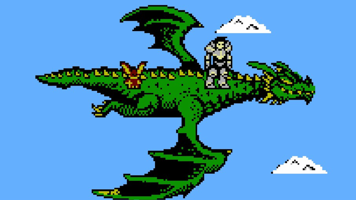 Artix and a Moglin stand atop a pixel dragon soaring through the air in AdventureQuest 8-Bit: Dungeons &amp; DoomKnights.