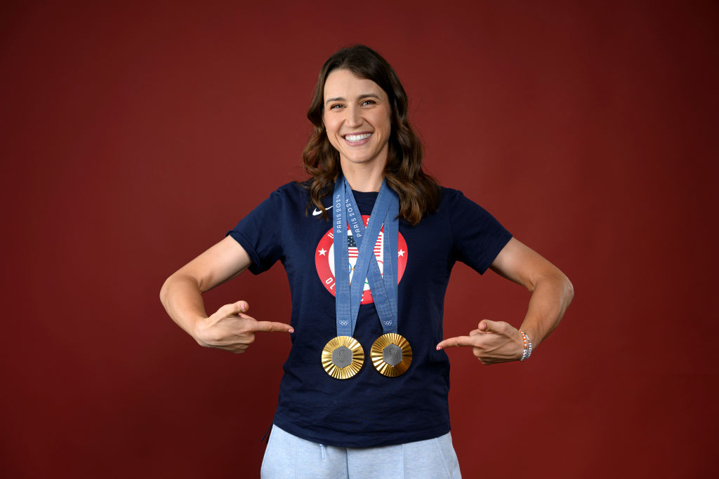 PARIS, FRANCE - AUGUST 08: (BROADCAST-OUT) Olympian Kristen Faulkner of Team United States poses on the Today Show Set on August 08, 2024 in Paris, France. (Photo by Kristy Sparow/Getty Images)