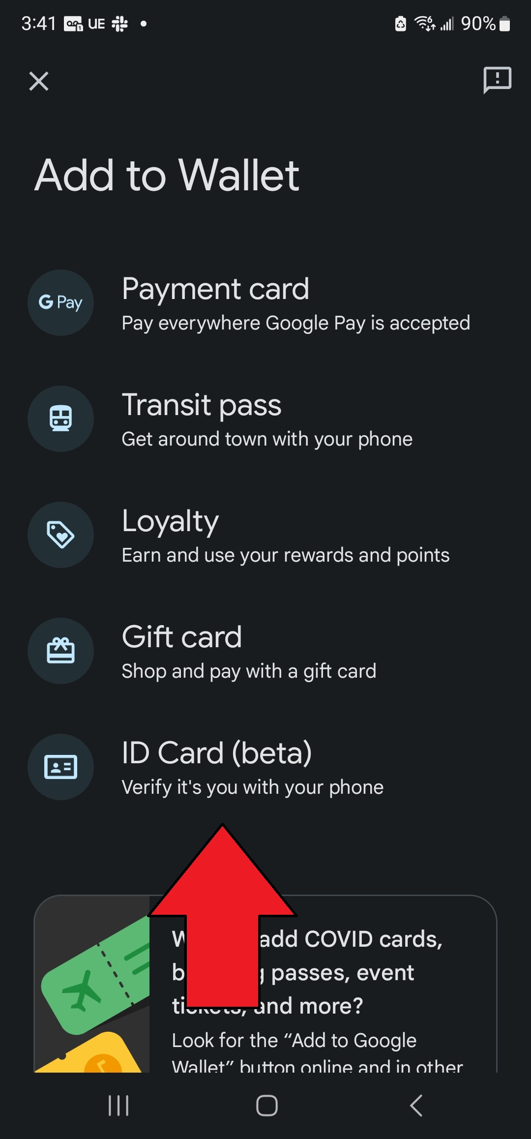Flecha que apunta a la opción Tarjeta de identificación en la aplicación Google Wallet