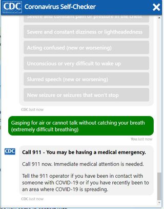 Screen grab of the CDC's coronavirus self-check chatbot.