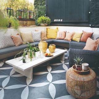 Rattan garden furniture on patterned patio area