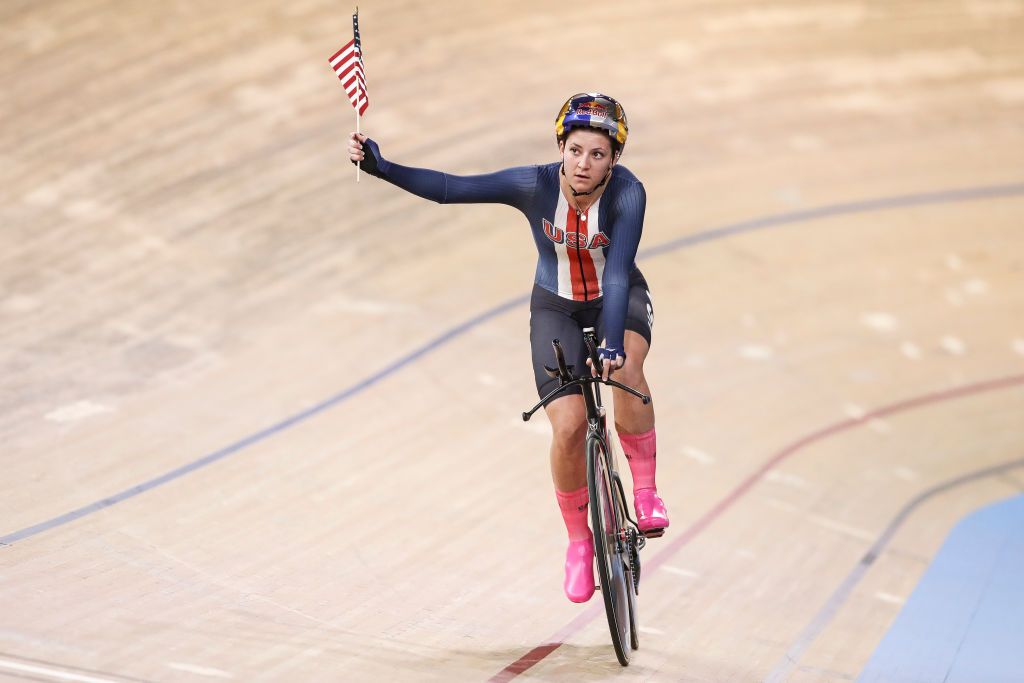 BERLIN GERMANY FEBRUARY 29 Chloe Dygert of USA celebrates after winning and setting the world record the Womens Individual Pursuit during day 4 of the UCI Track Cycling World Championships Berlin at Velodrom on February 29 2020 in Berlin Germany Photo by Maja HitijGetty Images