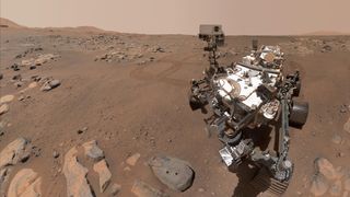NASA's Perseverance Mars rover took this selfie over a rock nicknamed "Rochette" on Sept. 10, 2021.