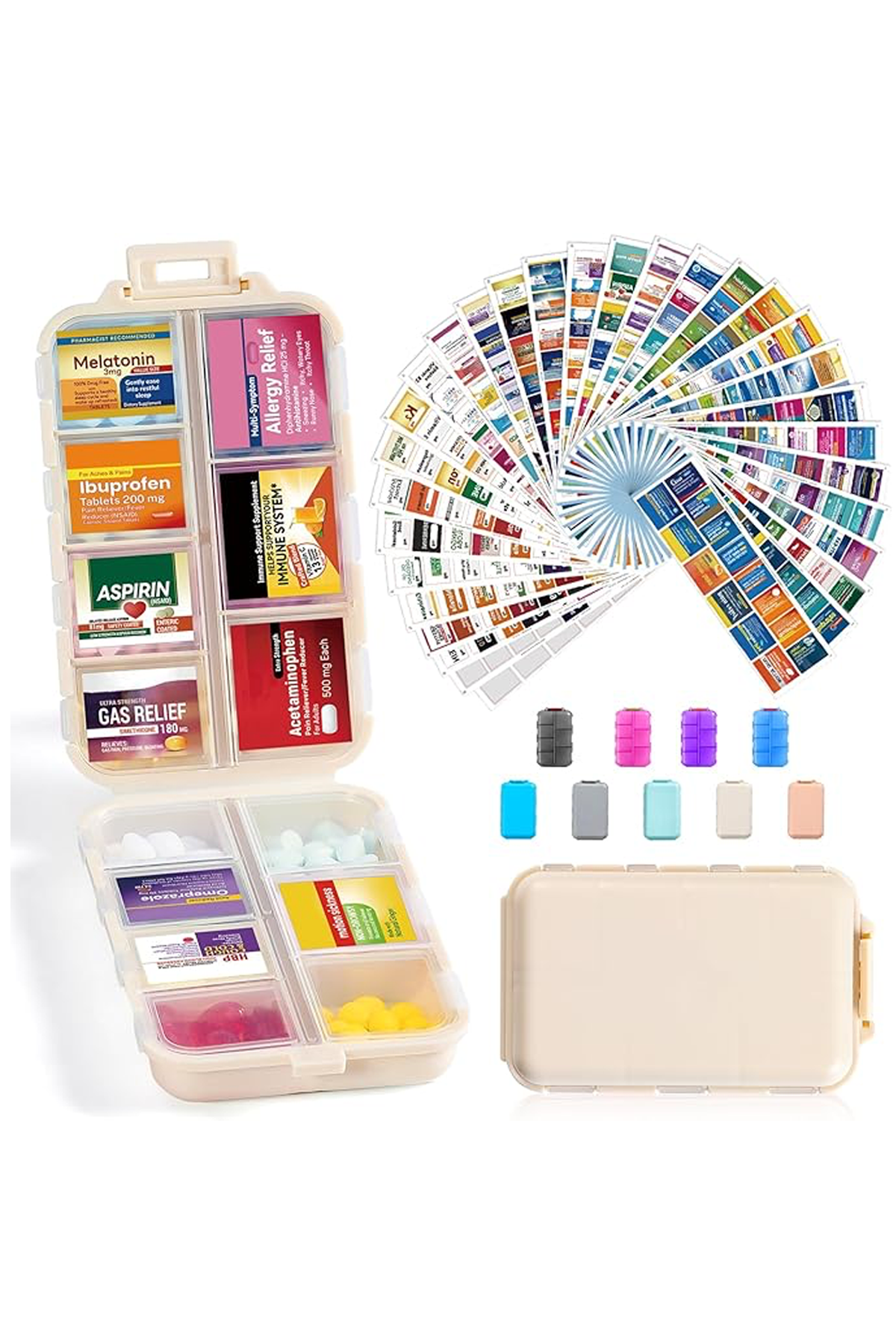 14 Grids Travel Pill Organizer Box With 415-Pcs Medicine Name Labels - Pocket Daily Pharmacy Case Container Kit - Travel Medication Holder Dispenser for Fish Oil Vitamin Supplement Storage - Khaki