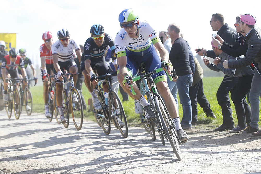 Mat Hayman (Orica-GreenEdge) leads the bunch at Paris-Roubaix