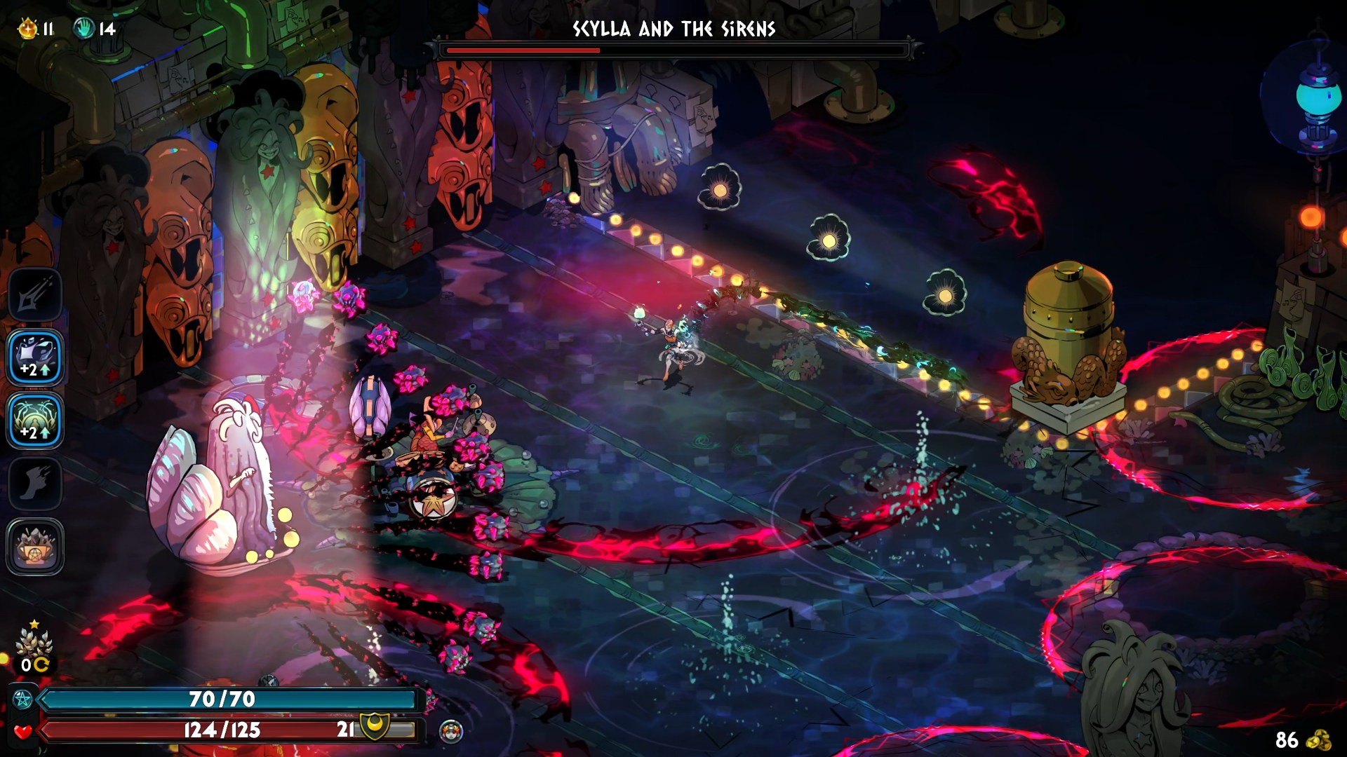 A screenshot of Hades 2. A top-down view of a boss fight against Scylla and The Sirens, a rock band deep in the waters of Oceanus. A spotlight shines down on Scylla's clamshell body as she launches a volley of pink projectiles towards Melinoe in a room full of crimson ring attacks.