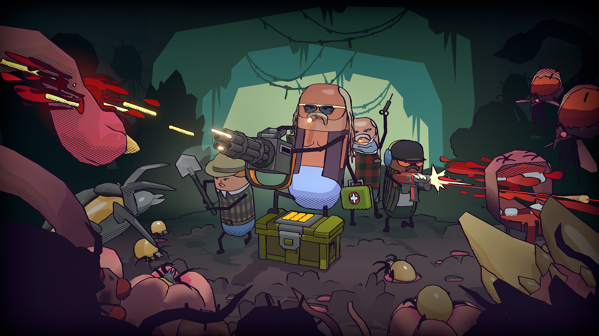 People shooting at monsters