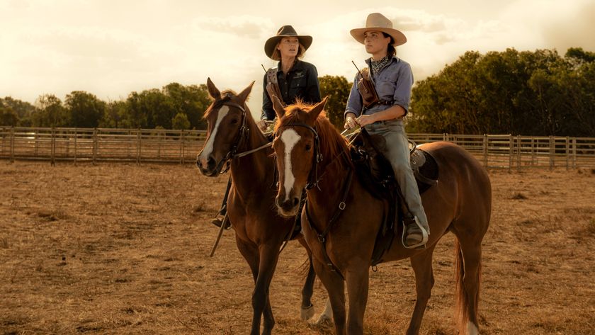 Emily Lawson (Anna Torv) and Susie Lawson (Philippa Northeast) (L-R) on horseback in Netflix&#039;s &quot;Territory&quot;