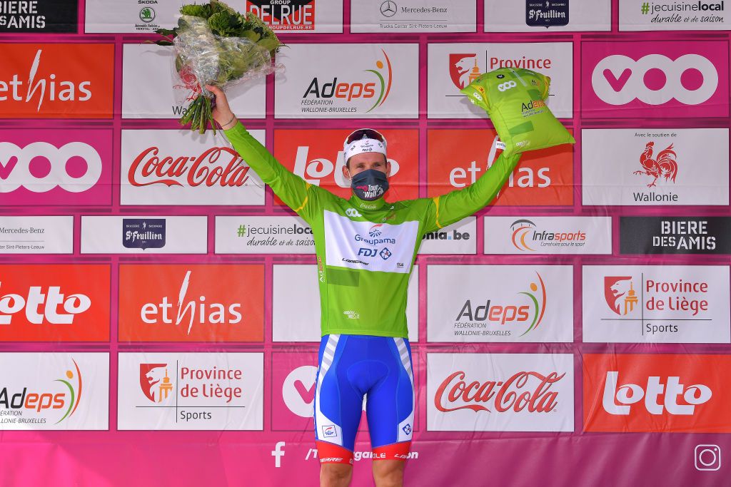 VISE BELGIUM AUGUST 18 Podium Arnaud Demare of France and Team Groupama FDJ Green Points Jersey Celebration Flowers Covid safety measures during the 41st Tour de Wallonie 2020 Stage 3 a 192km stage from Montzen to Vise TourdeWallonie TRW2020 on August 18 2020 in Vise Belgium Photo by Luc ClaessenGetty Images
