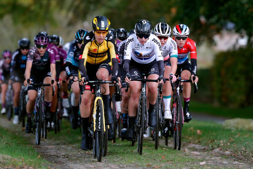 HOOGEVEEN NETHERLANDS OCTOBER 23 LR Pfeiffer Georgi of United Kingdom and Team DSM and Femke Markus of Netherlands and Team Parkhotel Valkenburg lead the peloton during the 17th UCI Womens WorldTour Ronde van Drenthe 2021 a 1591km one day race from Assen to Hoogeveen UCIWWT RondevDrenthe on October 23 2021 in Hoogeveen Netherlands Photo by Bas CzerwinskiGetty Images