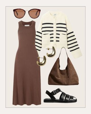 Comfy travel outfits: ribbed midi dress with cardigan and fisherman sandals