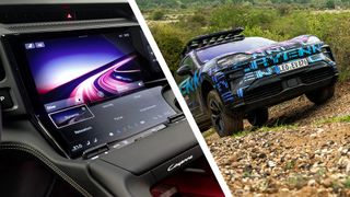 The interior of the Porsche Cayenne EV next to a photo of it hill-climbing