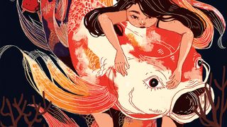 Generative AI art; a girl swims with a large fish