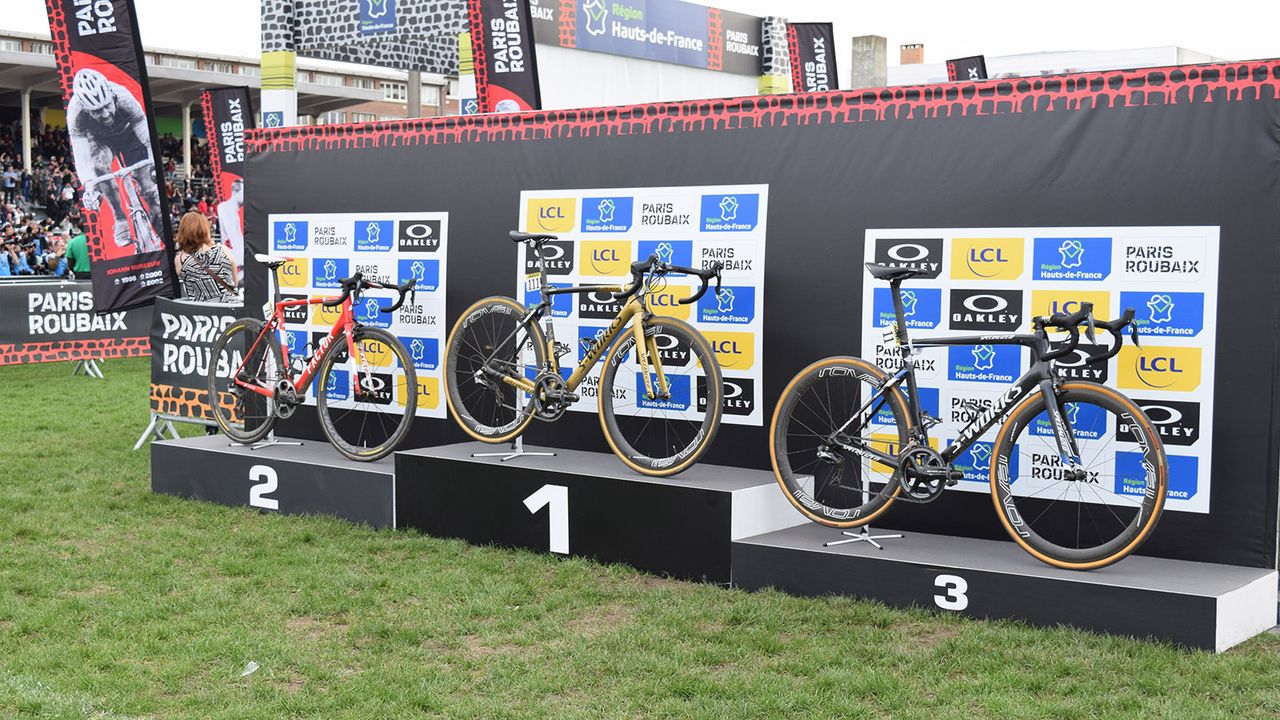 2018 Paris-Roubaix podium bikes: Sagan's S-Works Roubaix, Dillier's Factor O2 and Terpstra's S-Works Tarmac