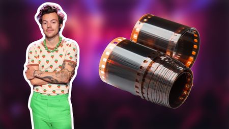 Harry Styles and a roll of camera film against a blurry background.