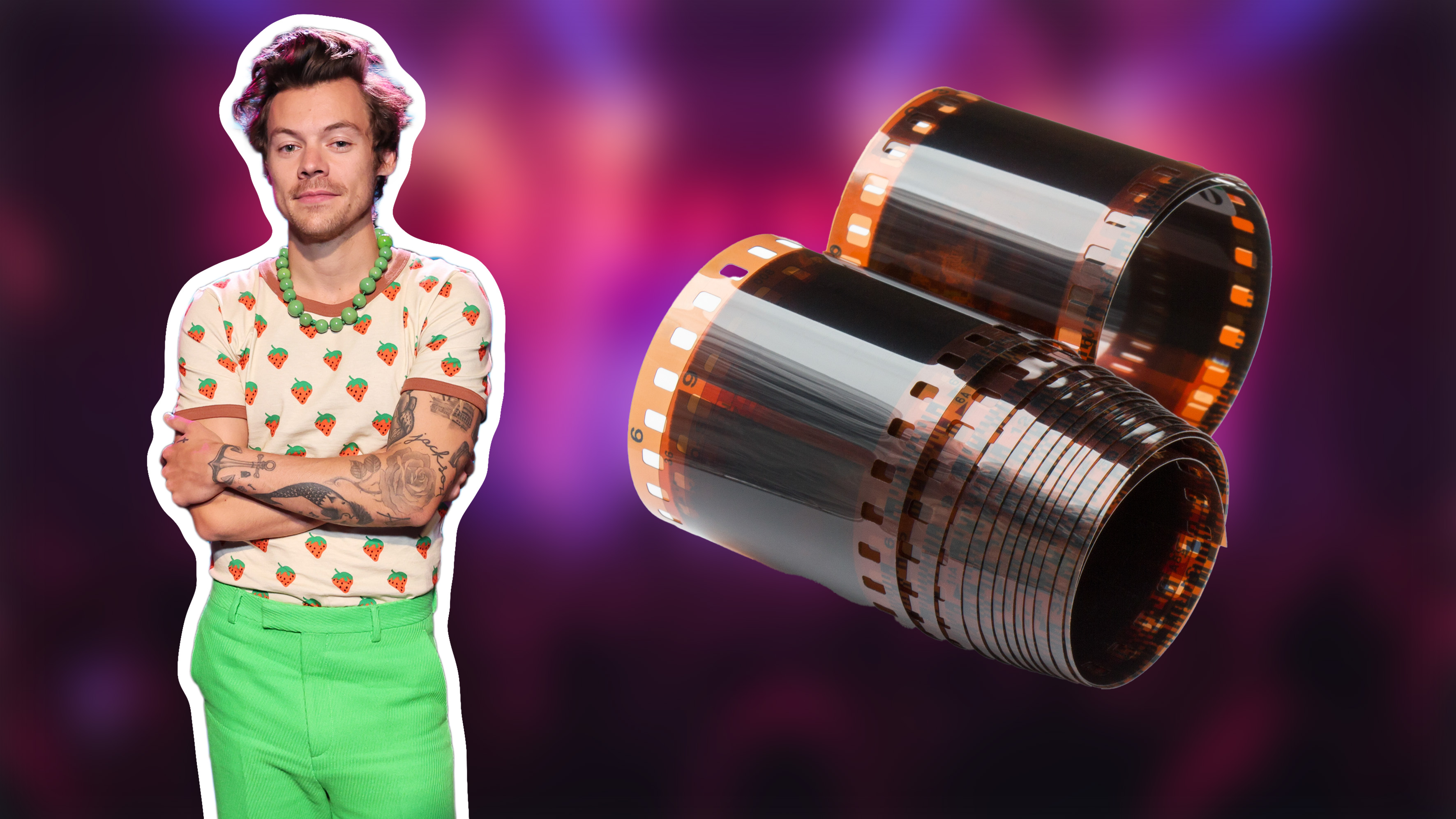 Harry Styles and a roll of camera film against a blurry background.