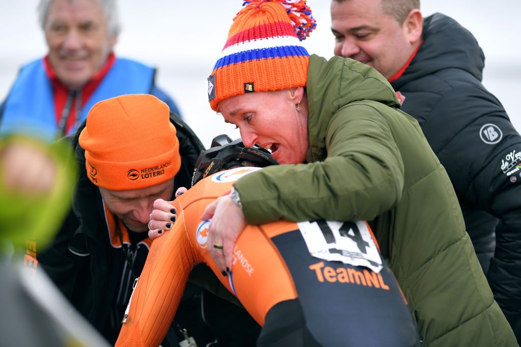 Kamp is greeted beyond the finish line
