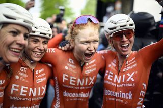 Dutch Puck Pieterse of Fenix-Deceuninck celebrates with teamates after winning the women's race of the 'La Fleche Wallonne', one day cycling race (Waalse Pijl - Walloon Arrow), 140,7 km from Ciney to Huy, Wednesday 23 April 2025. BELGA PHOTO JASPER JACOBS (Photo by JASPER JACOBS / BELGA MAG / Belga via AFP) (Photo by JASPER JACOBS/BELGA MAG/AFP via Getty Images)