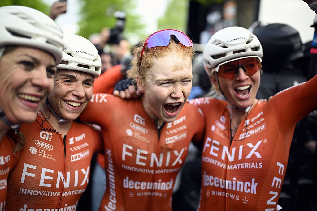 Dutch Puck Pieterse of Fenix-Deceuninck celebrates with teamates after winning the women&#039;s race of the &#039;La Fleche Wallonne&#039;, one day cycling race (Waalse Pijl - Walloon Arrow), 140,7 km from Ciney to Huy, Wednesday 23 April 2025. BELGA PHOTO JASPER JACOBS (Photo by JASPER JACOBS / BELGA MAG / Belga via AFP) (Photo by JASPER JACOBS/BELGA MAG/AFP via Getty Images)
