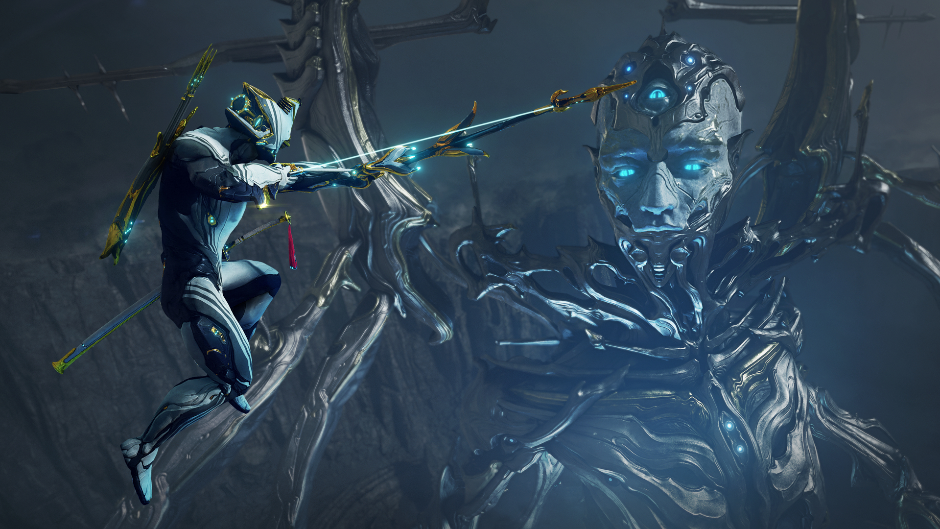 An Excalibur Prime warframe preparing to shoot a towering Sentient construct with a bow.