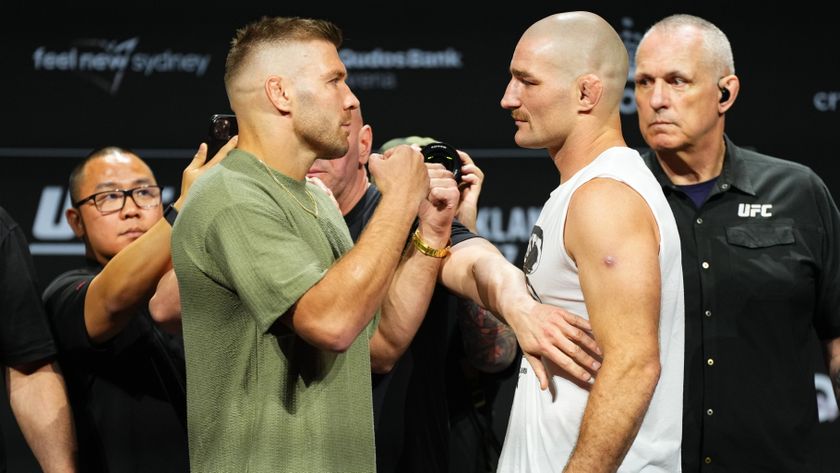 Opponents Dricus Du Plessis of South Africa and Sean Strickland face off during the UFC 312 press conference 