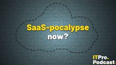 The text "SaaS-pocalypse now?" against noise and the dotted outline of a cloud. The words "SaaS-pocalypse" are in yellow, the rest are in white. In the bottom-right corner, the ITPro Podcast logo is shown.