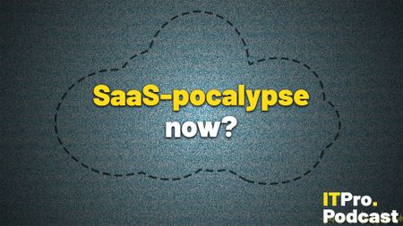 The text "SaaS-pocalypse now?" against noise and the dotted outline of a cloud. The words "SaaS-pocalypse" are in yellow, the rest are in white. In the bottom-right corner, the ITPro Podcast logo is shown.