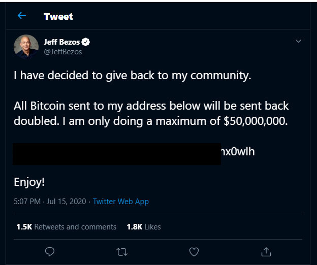 A scam tweet posted on Jeff Bezos' Twitter account.