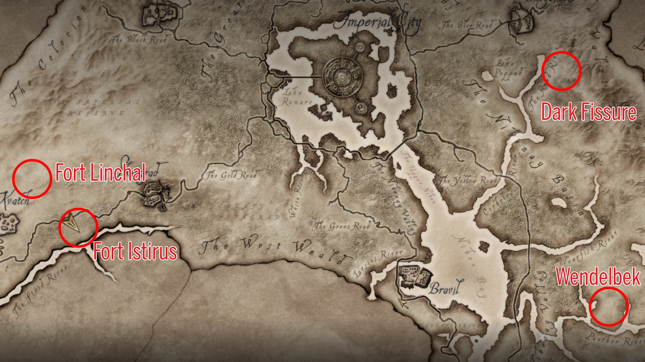 Oblivion black soul gems - A map with four red circles highlighting altar locations across Cyrodiil.