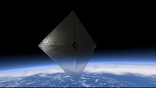 Four semi-transparent silver triangles form a square in the black sky of space, hovering above bright blue Earth.