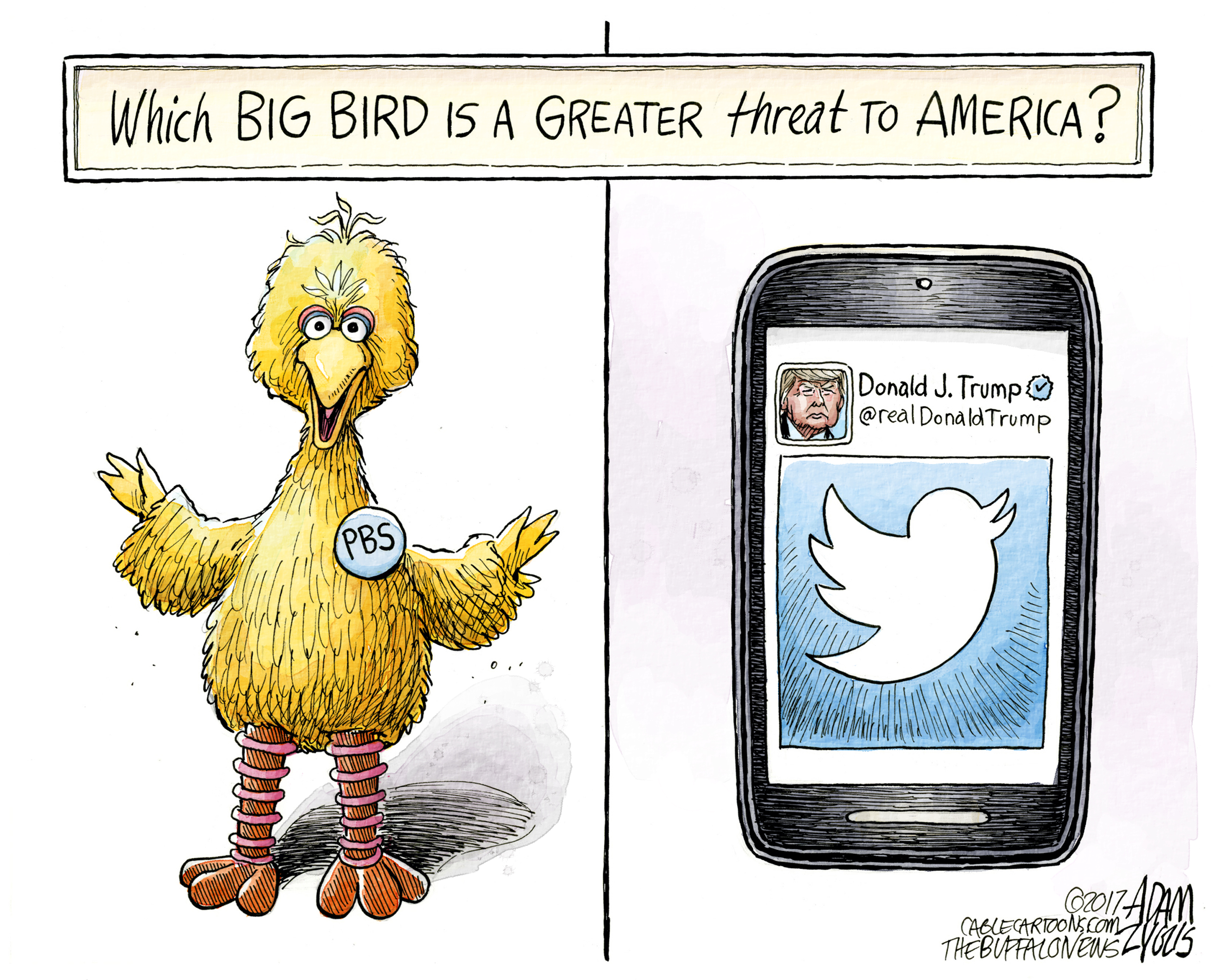 Political Cartoon U.S. Big Bird PBS Sesame Street Trump Twitter budget cuts