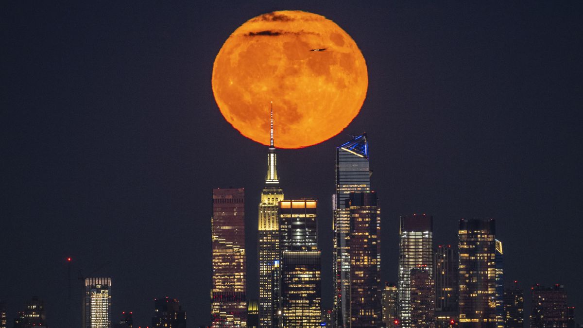 the new york city skyline below and a huge supermoon shining above, it is slightly colored orange. 