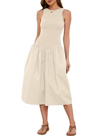 Livtany Women's Sleeveless Slim Fit Midi Dress Drop-Waist Crew Neck Patchwork Dress Ribbed A-Line Summer Dress With Pocket Apricot