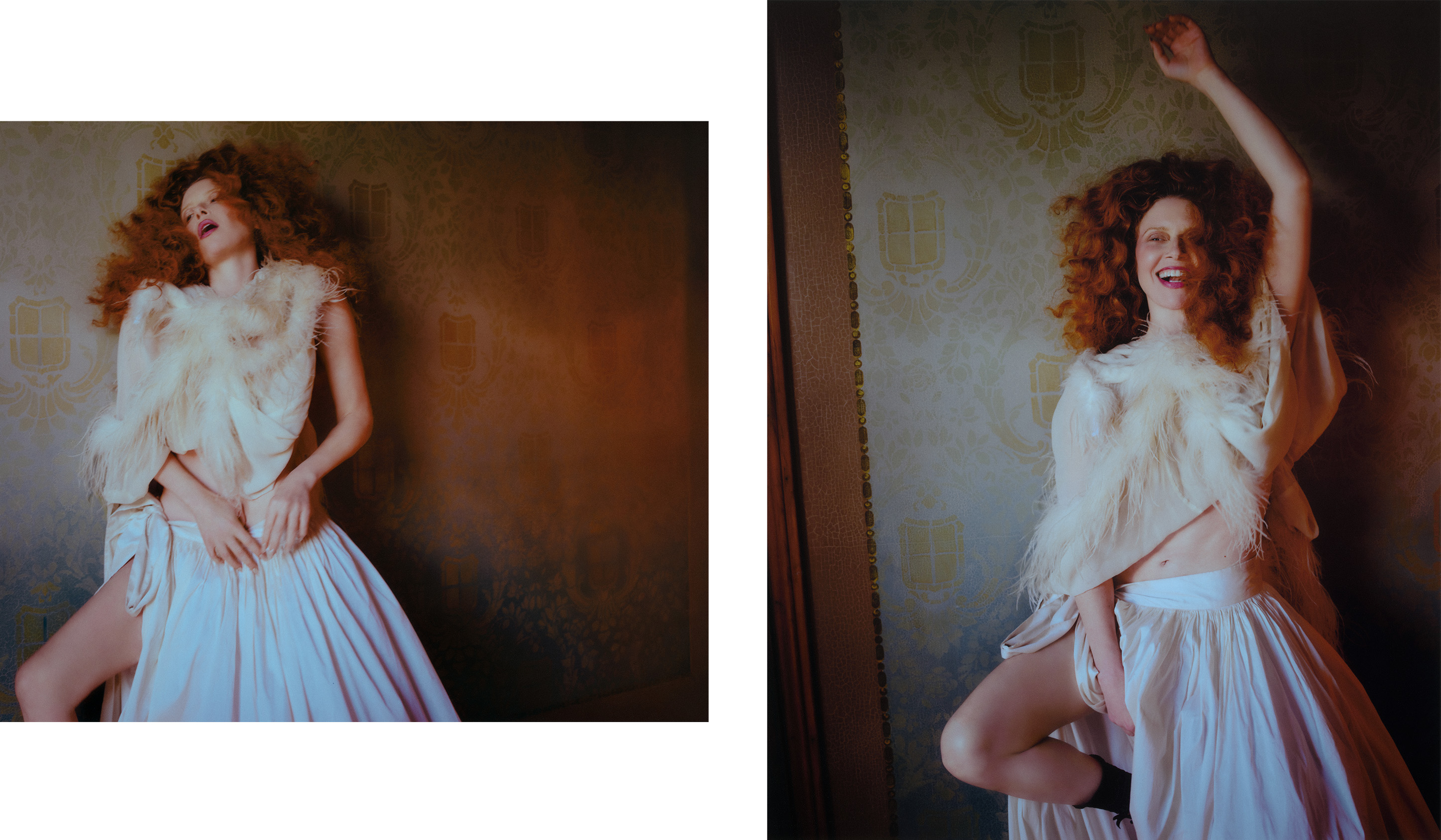 two photographs of Natasha Lyonne wearing a feathered cape and a silky long skirt