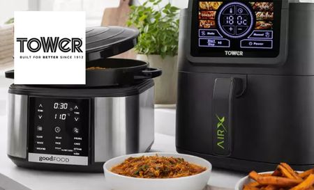 Tower Housewares air fryer with food next to it