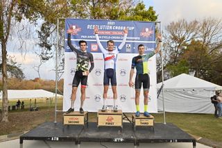 2021 Pan-American Cyclo-cross Championships elite men's podium (L to R): Curtis White in second, Eric Brunner winner, Kerry Werner in third