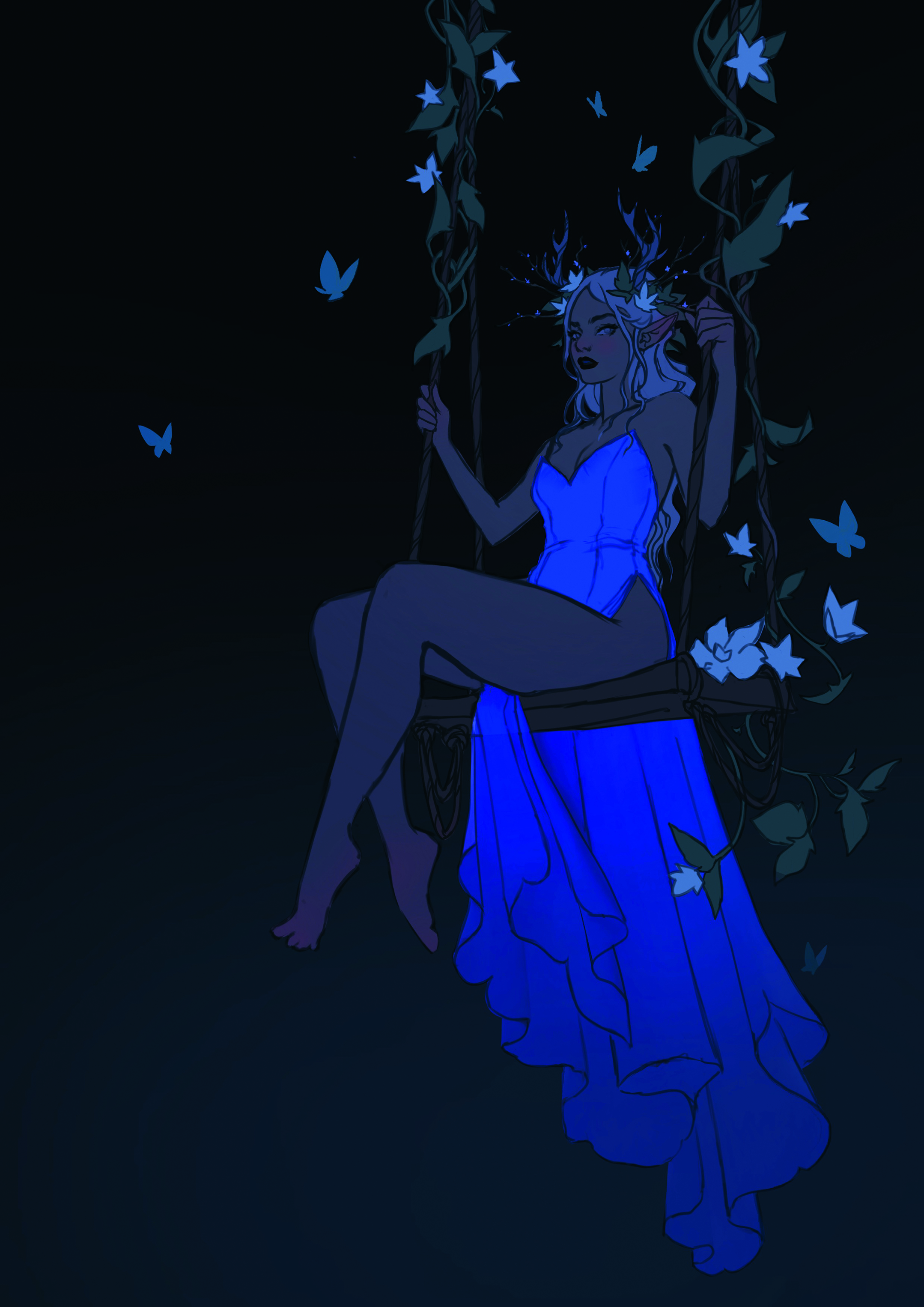 Digital art showing a fairy on a swing