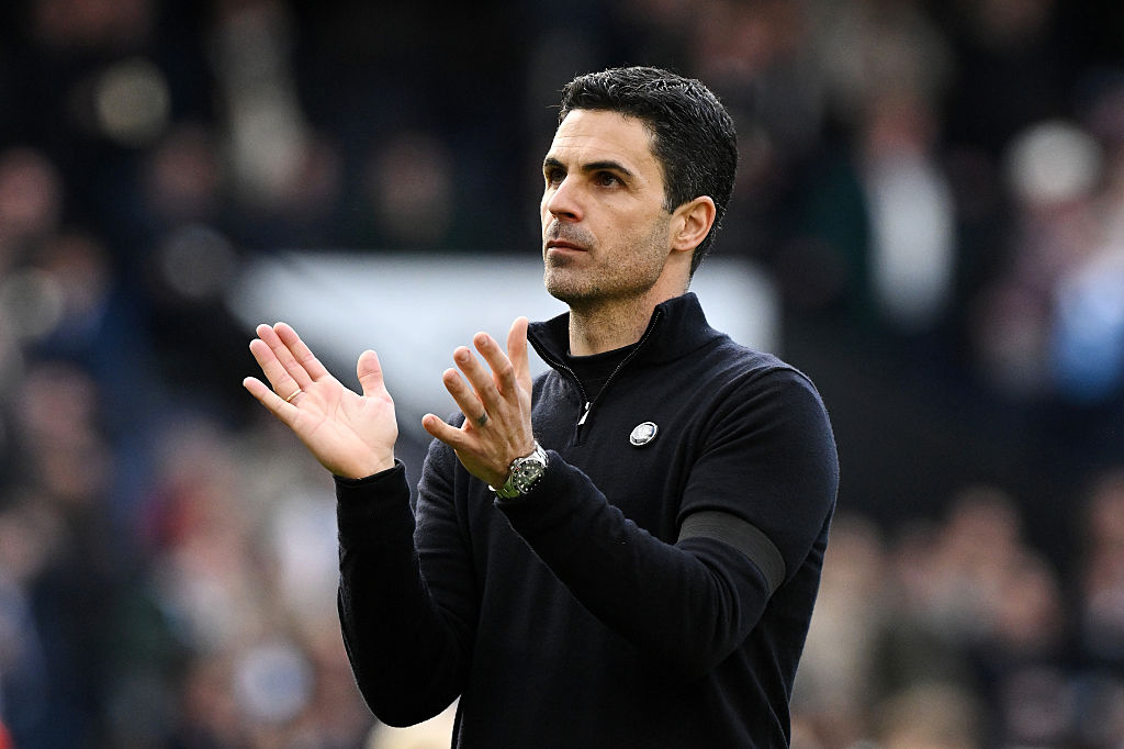 Mikel Arteta, Manager of Arsenal, applauds the fans after the Premier League match between Manchester City and Arsenal at Etihad Stadium on April 19, 2026 in Manchester, England.
