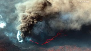 Earth observation satellites of U.S. company Maxar Technologies captured these high resolution images of the ongoing volcanic eruption on the Spanish island of La Palma on Oct. 14, 2021.