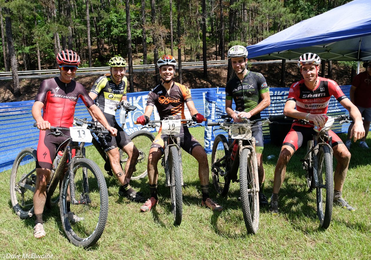 The top five finishers all chatted after the race (L to R) Howard Grotts, Jeremiah Bishop,