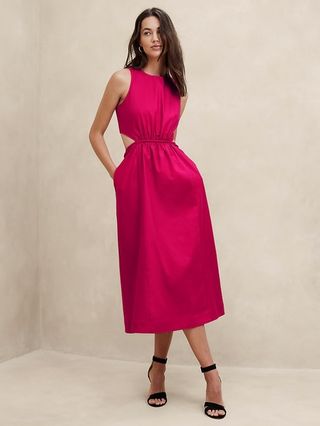 Linen-Blend Cut-Out Midi Dress