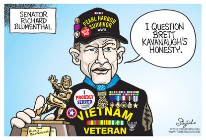 Political cartoon U.S. Richard Blumenthal Vietnam veteran Brett Kavanaugh honesty