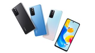 A Redmi Note 11S 5G shown in three different shades