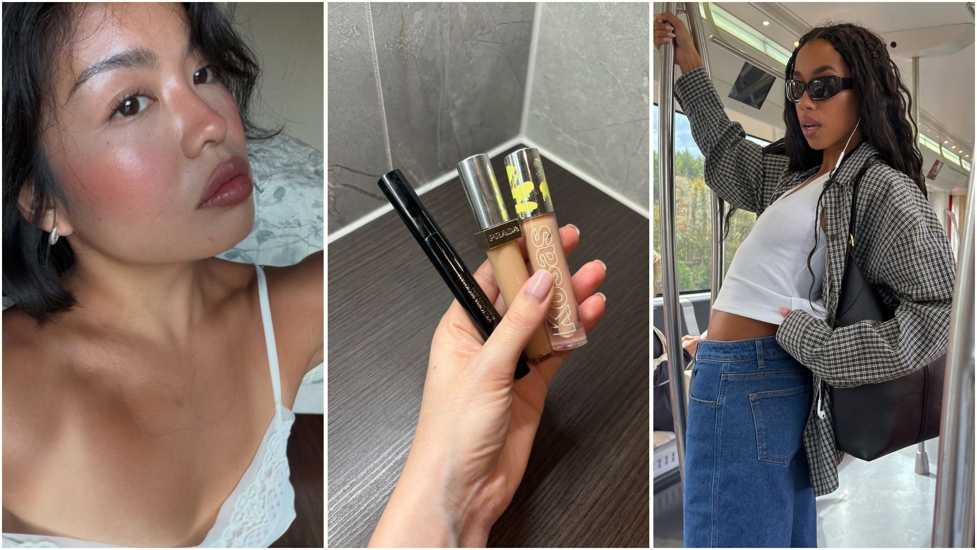 A collage of @alllisonho and @amaka.hamelijnck with glowing skin, alongside a picture of some of the best dewy concealers