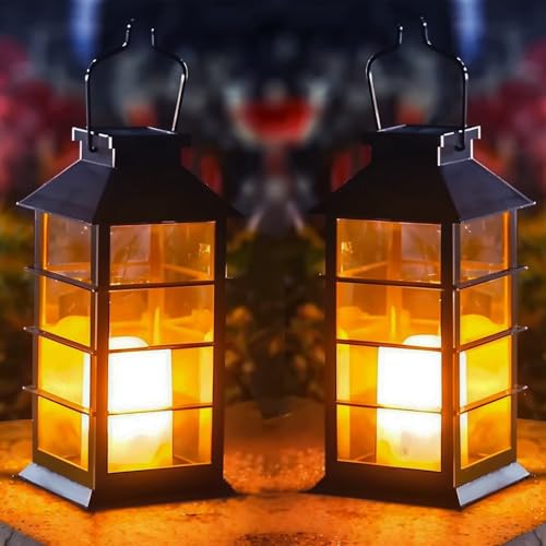 Joysing Solar Lanterns for the Garden 2 Pack Hanging Solar Lights Outdoor Garden Lantern With Flickering Glow Candle, Auto On/off Outdoor Lantern Waterproof Hanging Lanterns for Backyard Path Table