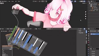 An anime girl destroys Blender UI in a screenshot from a Blender animation