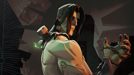 Victor from Deadlock stands poised edgily, hair over one eye, holding one wrist with the other hand.