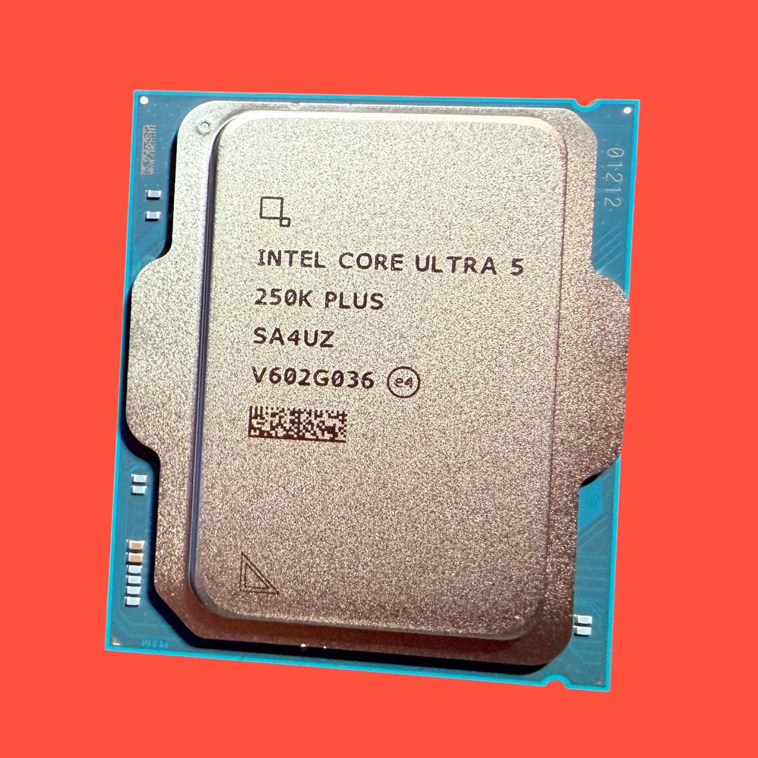 A photo of an Intel Core Ultra 5 250K Plus processor against a bright red background