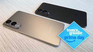 Samsung Galaxy S25 Edge handsets on desk with Prime Day badge overlaid